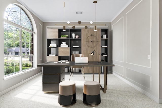 home office featuring crown molding, visible vents, a decorative wall, light carpet, and baseboards