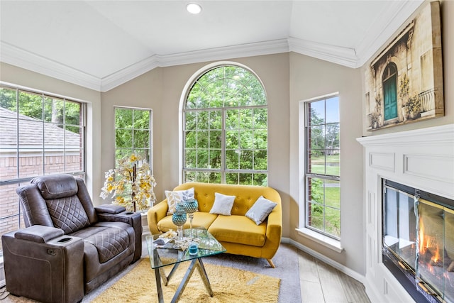 sunroom / solarium featuring a glass covered fireplace and vaulted ceiling