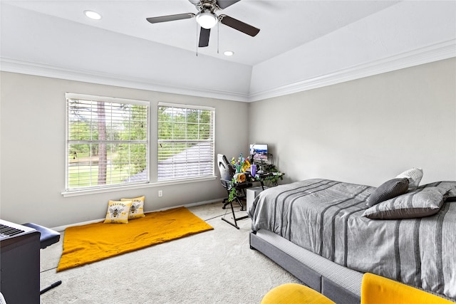 bedroom featuring recessed lighting, carpet flooring, crown molding, and lofted ceiling