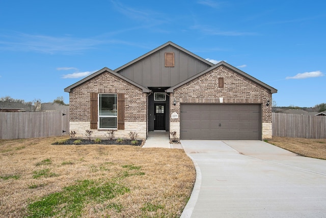 single story home featuring a garage, driveway, fence, and board and batten siding