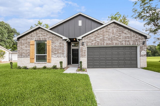 314 Wellshire Dr, West Columbia, TX 77486 - ranch-style house with board and batten siding, brick siding, an attached garage, a front yard, and concrete driveway