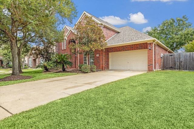 traditional home with brick siding, concrete driveway, fence, a garage, and a front lawn