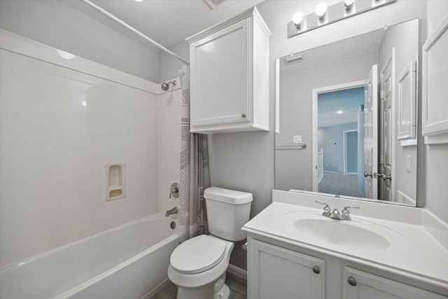 bathroom featuring shower / bath combination, visible vents, toilet, and vanity