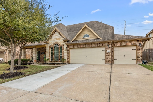 view of front of property featuring an attached garage, a shingled roof, brick siding, concrete driveway, and stone siding