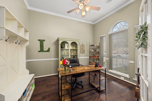 office with ceiling fan, dark wood-style flooring, baseboards, and crown molding