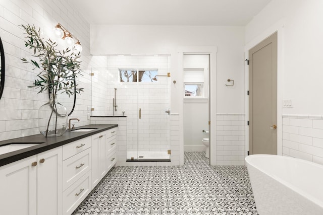 bathroom featuring tile walls, double vanity, toilet, a stall shower, and a sink