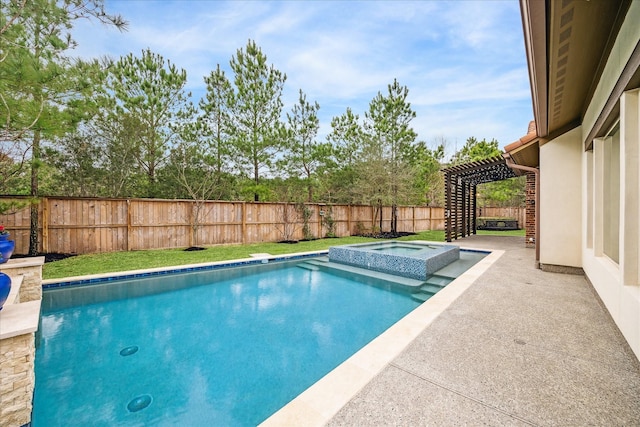 view of pool featuring a patio area, a fenced backyard, a pool with connected hot tub, and a pergola