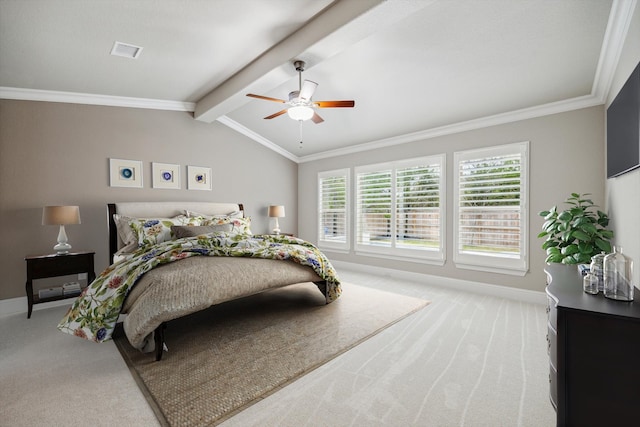 carpeted bedroom with visible vents, crown molding, and baseboards