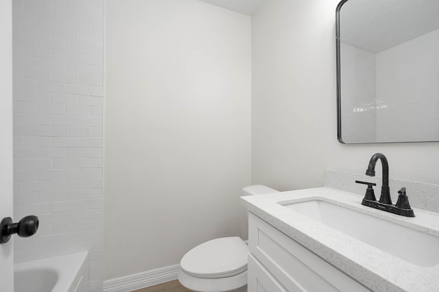 full bath featuring baseboards, toilet, shower / tub combination, wood finished floors, and vanity