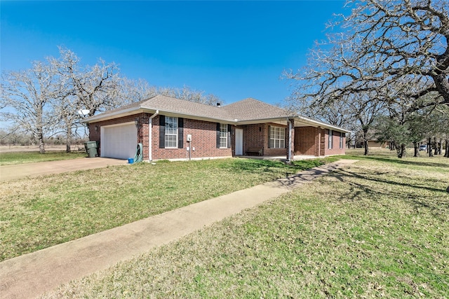 ranch-style home featuring a garage, brick siding, driveway, roof with shingles, and a front yard