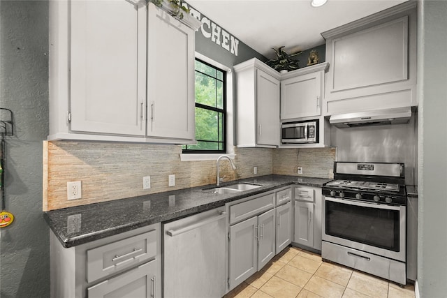 kitchen with decorative backsplash, appliances with stainless steel finishes, gray cabinetry, a sink, and exhaust hood