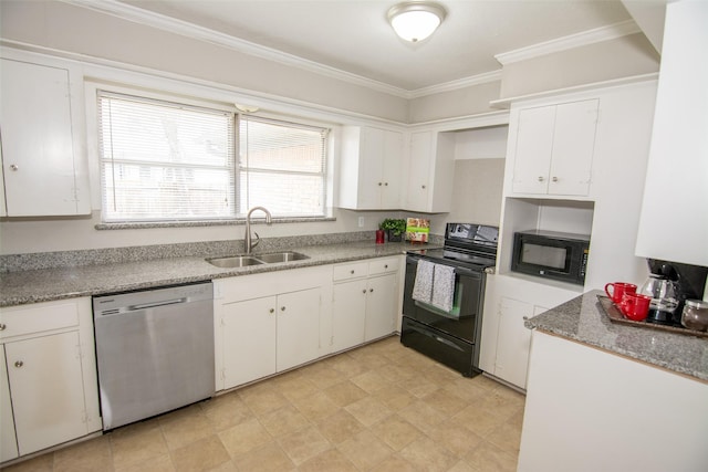 kitchen with black appliances, white cabinetry, ornamental molding, and a sink