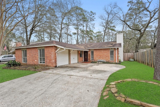 single story home featuring brick siding, fence, and a chimney