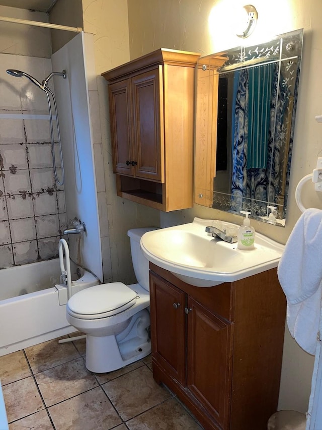 full bath with tile patterned floors, vanity, toilet, and bathing tub / shower combination