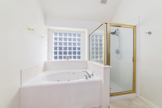 full bathroom with a stall shower, visible vents, and a tub with jets