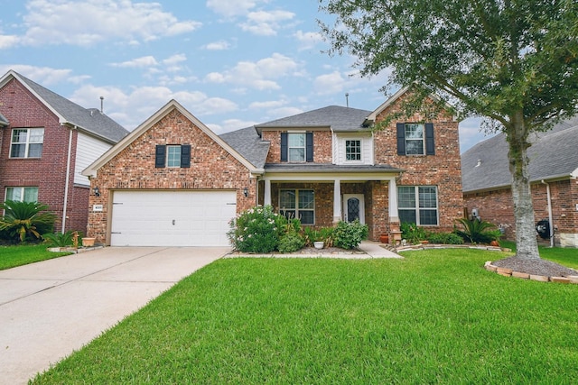 view of front of home with an attached garage, covered porch, brick siding, concrete driveway, and a front yard