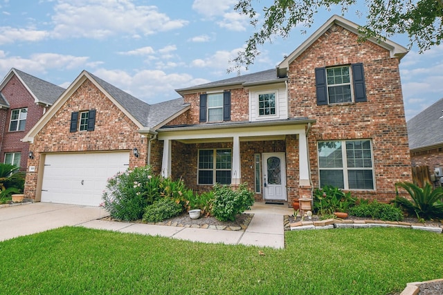 view of front of house featuring brick siding, concrete driveway, covered porch, a front yard, and a garage