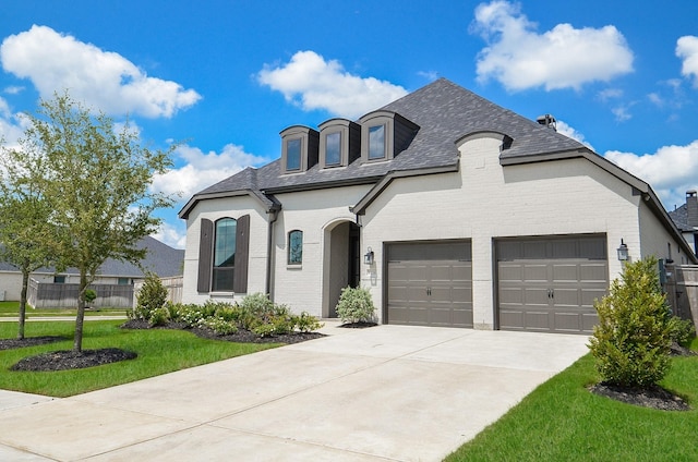 french country inspired facade featuring driveway, a shingled roof, a front yard, an attached garage, and brick siding