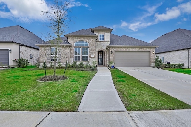 view of front of house featuring concrete driveway, roof with shingles, an attached garage, a front lawn, and brick siding