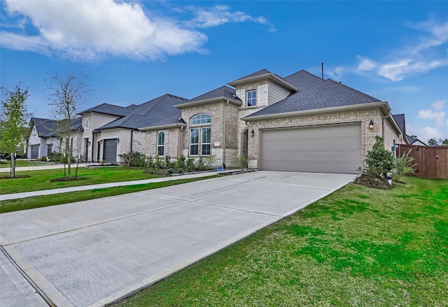 view of front of property with concrete driveway, roof with shingles, an attached garage, a front yard, and brick siding