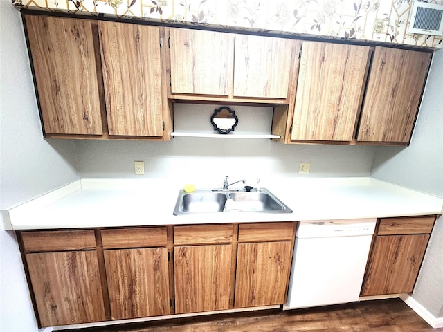 kitchen with a sink, open shelves, dishwasher, and light countertops