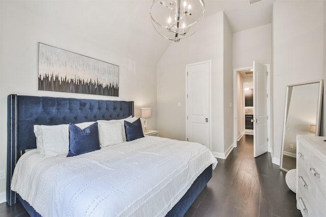 bedroom with high vaulted ceiling, dark wood finished floors, baseboards, and an inviting chandelier