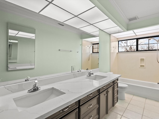 bathroom featuring crown molding, visible vents, a sink, and tile patterned floors