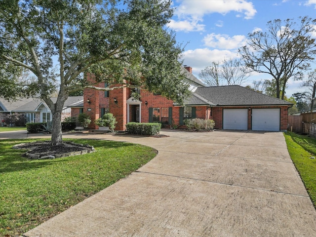 view of front facade with a garage, brick siding, concrete driveway, a chimney, and a front yard