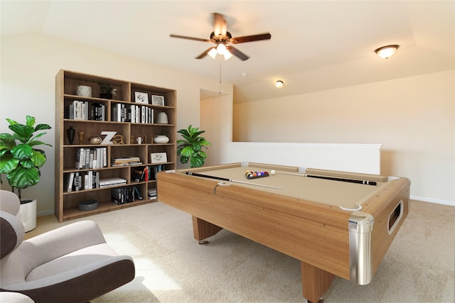 rec room with ceiling fan, lofted ceiling, light carpet, pool table, and baseboards