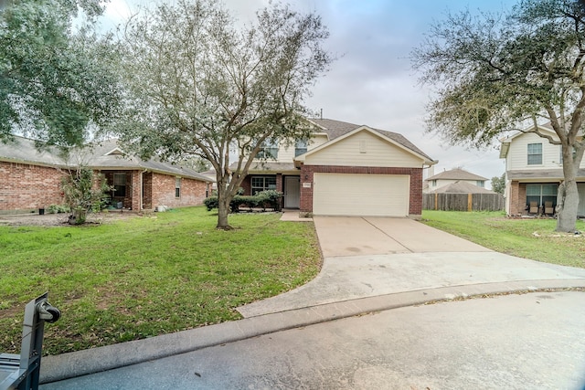 traditional-style home with brick siding, fence, a garage, driveway, and a front lawn