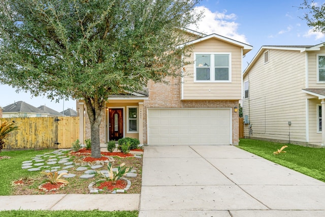14407 Acuna Ln, Houston, TX 77045 - view of front facade with a garage, concrete driveway, brick siding, and fence