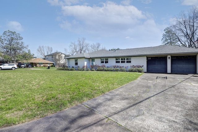 ranch-style house featuring brick siding, a shingled roof, a garage, driveway, and a front lawn