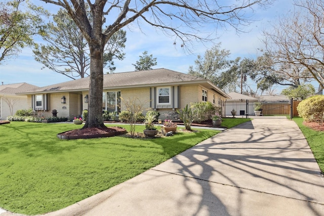 ranch-style home with driveway, brick siding, a front yard, and a gate