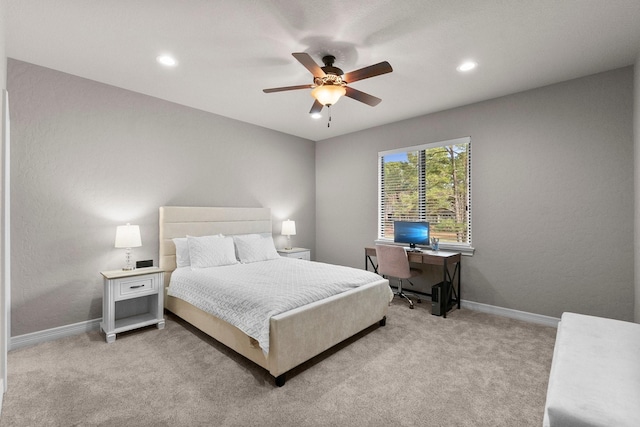 bedroom featuring baseboards, ceiling fan, recessed lighting, and light colored carpet