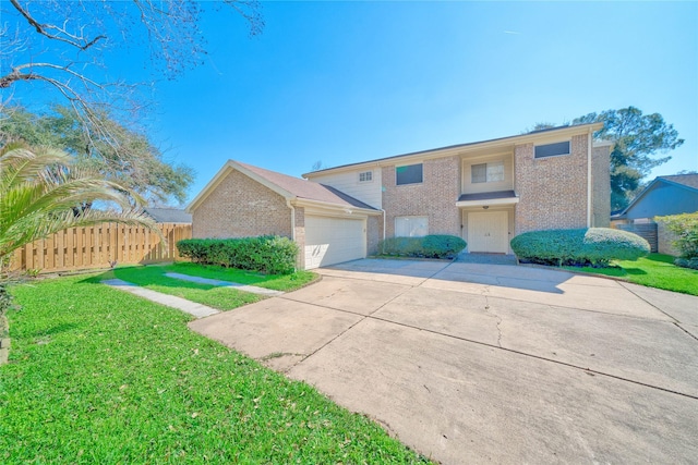 view of front of property with fence, a front lawn, concrete driveway, and brick siding