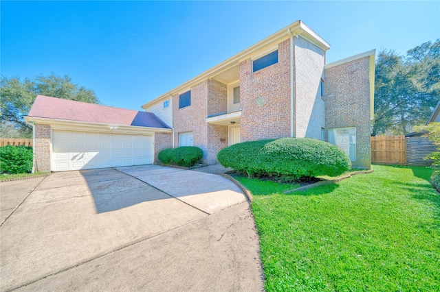 view of front of home with brick siding, concrete driveway, an attached garage, fence, and a front lawn