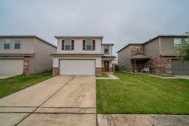 view of front of home featuring concrete driveway, a front lawn, an attached garage, and brick siding