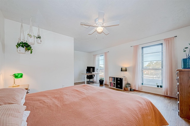 bedroom featuring a ceiling fan, light wood-type flooring, multiple windows, and a textured ceiling