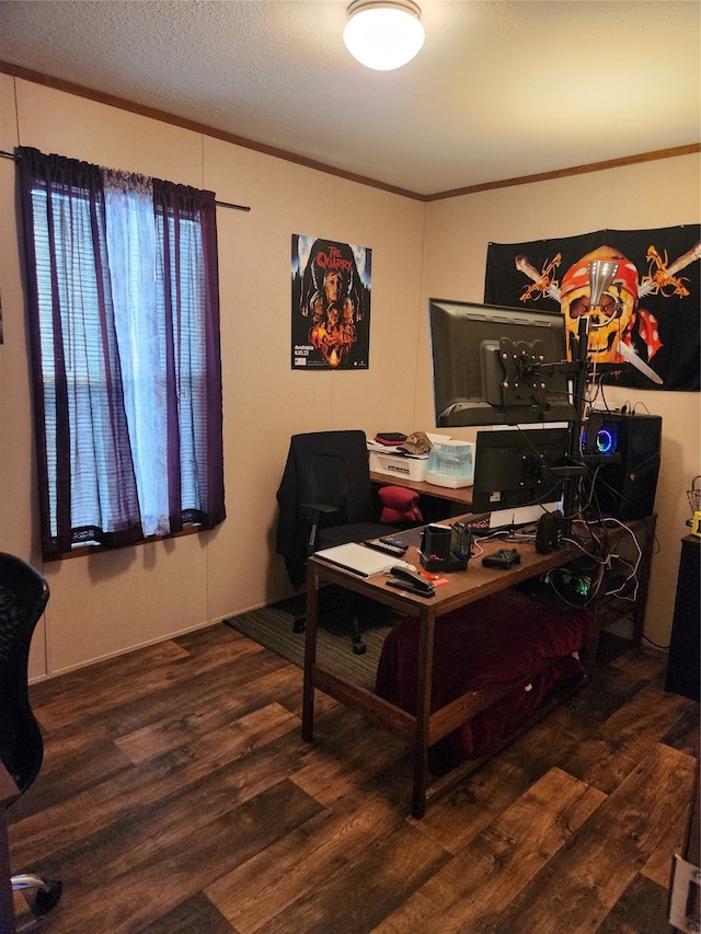 office featuring crown molding, a textured ceiling, and wood finished floors