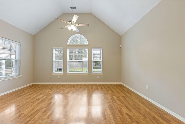 unfurnished room featuring light wood finished floors, visible vents, baseboards, a ceiling fan, and high vaulted ceiling