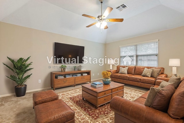 carpeted living room with vaulted ceiling, baseboards, visible vents, and a ceiling fan