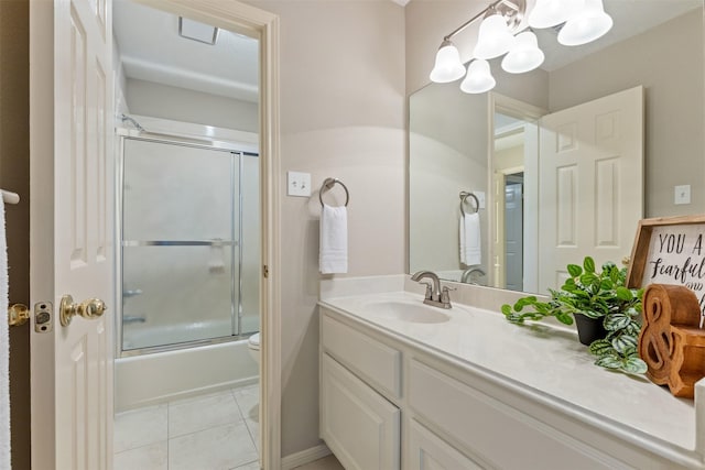 full bath featuring a chandelier, toilet, shower / bath combination with glass door, vanity, and tile patterned floors