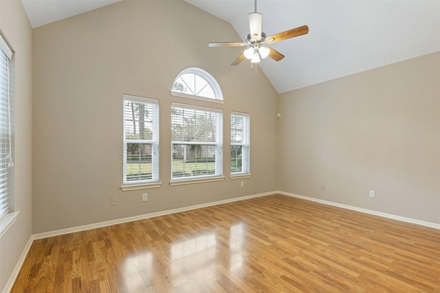 empty room featuring a ceiling fan, light wood-style flooring, and baseboards