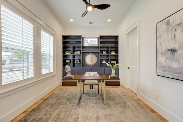 office area with ceiling fan, recessed lighting, wood finished floors, baseboards, and crown molding