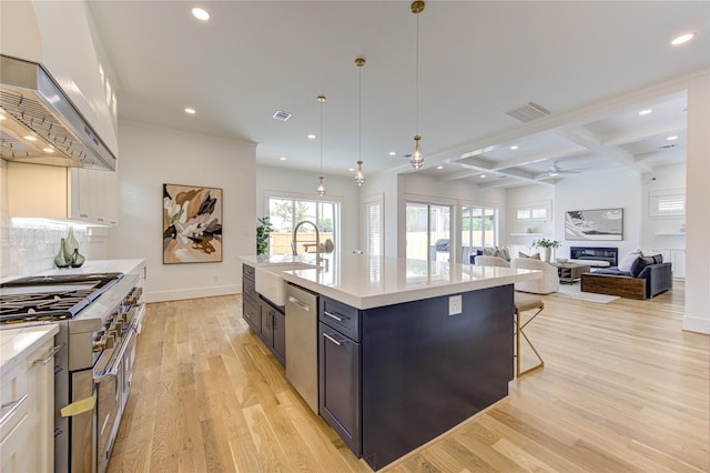 kitchen with open floor plan, a kitchen island with sink, custom exhaust hood, light countertops, and a sink