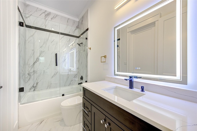 bathroom featuring marble finish floor, shower / bath combination with glass door, vanity, and toilet