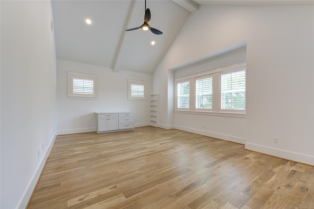 unfurnished bedroom with light wood-style floors, recessed lighting, beamed ceiling, and baseboards