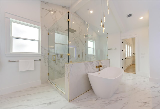 bathroom featuring marble finish floor, recessed lighting, visible vents, a freestanding bath, and lofted ceiling with beams