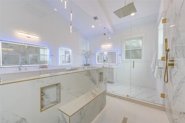 bathroom with a marble finish shower, visible vents, lofted ceiling, vanity, and recessed lighting