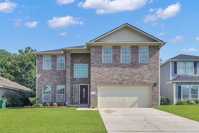 traditional home with a garage, concrete driveway, brick siding, and a front lawn